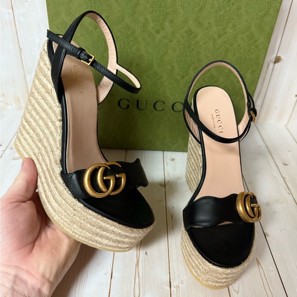 Gucci Nappa Matelasse GG Marmont Platform Espadrille Wedges Black Sz 35 / 5 - Picture 7 of 11